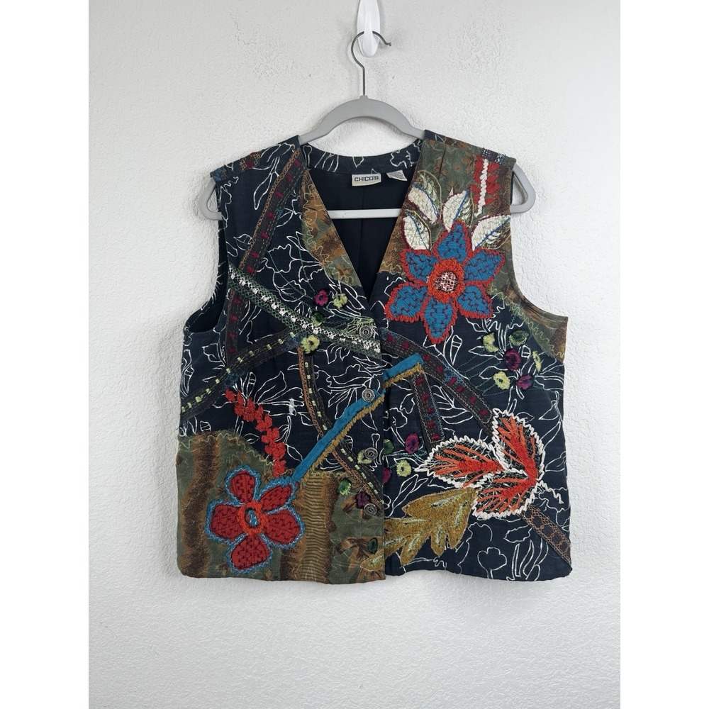 Chico's‎ Patchwork Embroidered Vest Women's Sz 2 US L Boho Floral Art To Wear